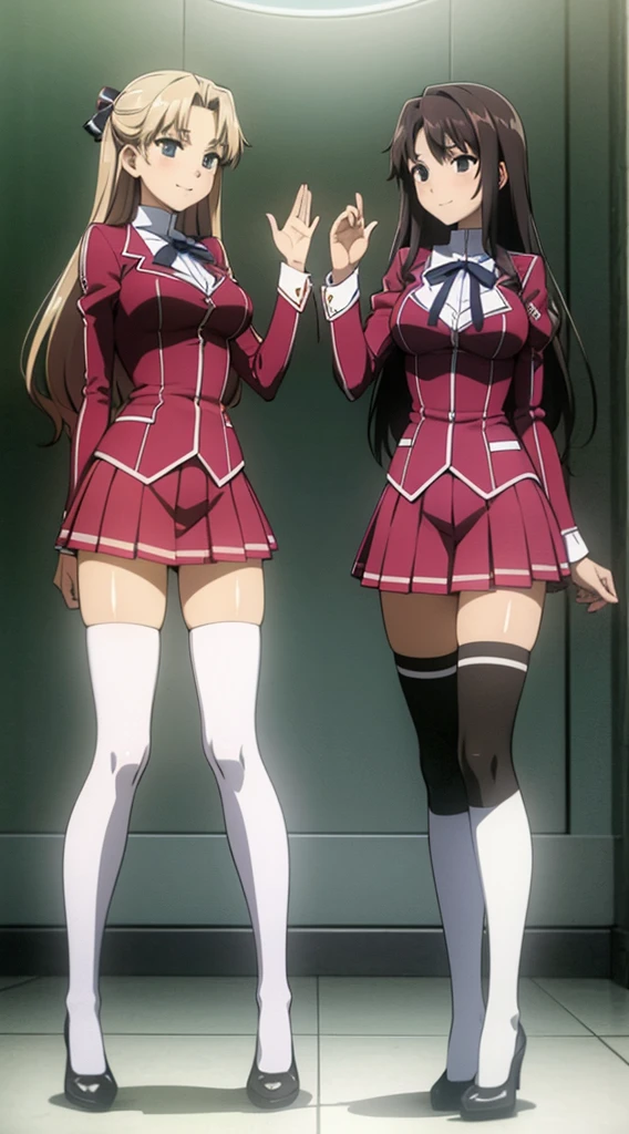 Masterpiece, high quality, 2girls, duo, identical twins, identical sisters, brown hair, curly hair, matching hairstyles, hazel eyes, medium sized bust, (school uniform, sexy school uniform, blazer, lace section, ribbon, rainbow short skirt, white thigh-high socks, black high heels, matching outfits), smile, flat_Farbe, full body, seductive pose, Duo pose: From the side angle, people&#39;s body curves are beautiful.
