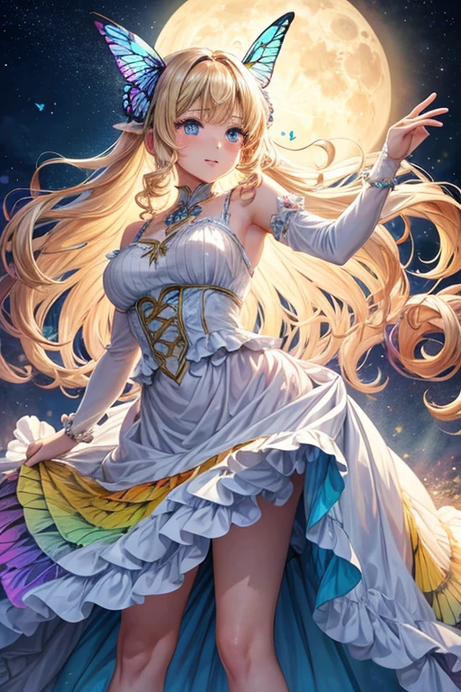 A girl with large rainbow butterfly wings growing from her shoulders,full moon,long,Curly Hair,Vertical Roll,Blonde,blue eyes,White Dress,One adult woman,Lady,Dancing