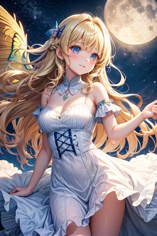 A girl with rainbow butterfly wings on her shoulders,full moon,long,Curly Hair,Vertical Roll,Blonde,blue eyes,White Dress,One adult woman,Lady,Dancing