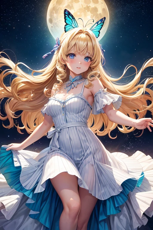 A girl with rainbow butterfly wings on her shoulders,full moon,long,Curly Hair,Vertical Roll,Blonde,blue eyes,White Dress,One adult woman,Lady,Dancing