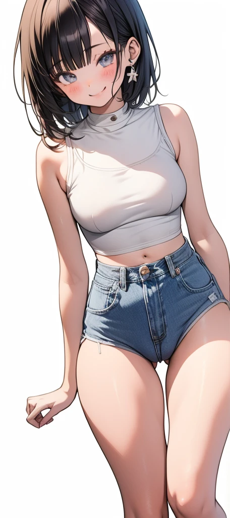 Anime, anime girl, 2d, 18y, 18 years, (((Fullbody))), Very Kawaii, smile, lip lips, seductive smile, Solo, Slim, Large Breasts, Plain White T-shirt, Tight Shorts, upshorts, Dynamic Angle, No Background, White Background, looking at viewer, darker shadows, (((absurdres))), (((thigh gap))), (((cameltoe))), (((sleeveless))),