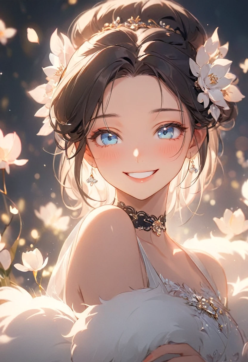 ( best quality:1.2), 1 Girl only,Solitary,forehead, Skin details, Beautiful facial features, ((fluffy dark hair)),Exquisite makeup, ((Exquisite eyes)), Eye details, he is 20 years old,wearing a beautiful dress, choker ,(((big smiling))),((dreaming theme)),happy,kindness,soft focus,white soft lighting