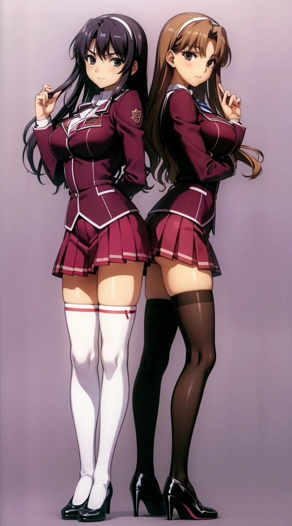 Masterpiece, high quality, 2girls, duo, identical twins, identical sisters, brown hair, curly hair, matching hairstyles, hazel eyes, medium sized bust, (school uniform, sexy school uniform, blazer, lace section, ribbon, rainbow short skirt, white thigh-high socks, black high heels, matching outfits), smile, flat_Farbe, full body, seductive pose, Duo pose: From the side angle, people's body curves are beautiful.