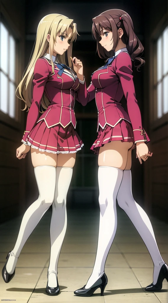 Masterpiece, high quality, 2girls, duo, identical twins, identical sisters, brown hair, curly hair, matching hairstyles, hazel eyes, medium sized bust, (school uniform, sexy school uniform, blazer, lace section, ribbon, rainbow short skirt, white thigh-high socks, black high heels, matching outfits), smile, flat_Farbe, full body, seductive pose, Duo pose: From the side angle, people's body curves are beautiful.