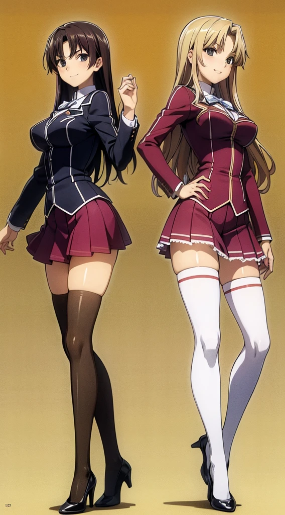 Masterpiece, high quality, 2girls, duo, identical twins, identical sisters, brown hair, curly hair, matching hairstyles, hazel eyes, medium sized bust, (school uniform, sexy school uniform, blazer, lace section, ribbon, rainbow short skirt, white thigh-high socks, black high heels, matching outfits), smile, flat_Farbe, full body, seductive pose, Duo pose: From the side angle, people's body curves are beautiful.