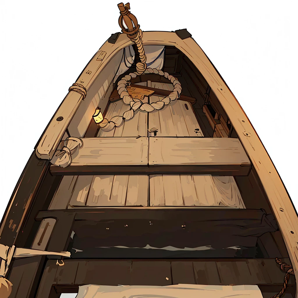 there is a Boat with a rope tied to the front of it, wooden Boat, Boat, Dark and dirty, small Boat, Random background scenes, Rendering art, Boat with lamp, Boat背景, 一幅number, number, skiff, rowing Boat, one small Boat, Boats, Rendering, Animation Static, rope, ropes, Rendering image