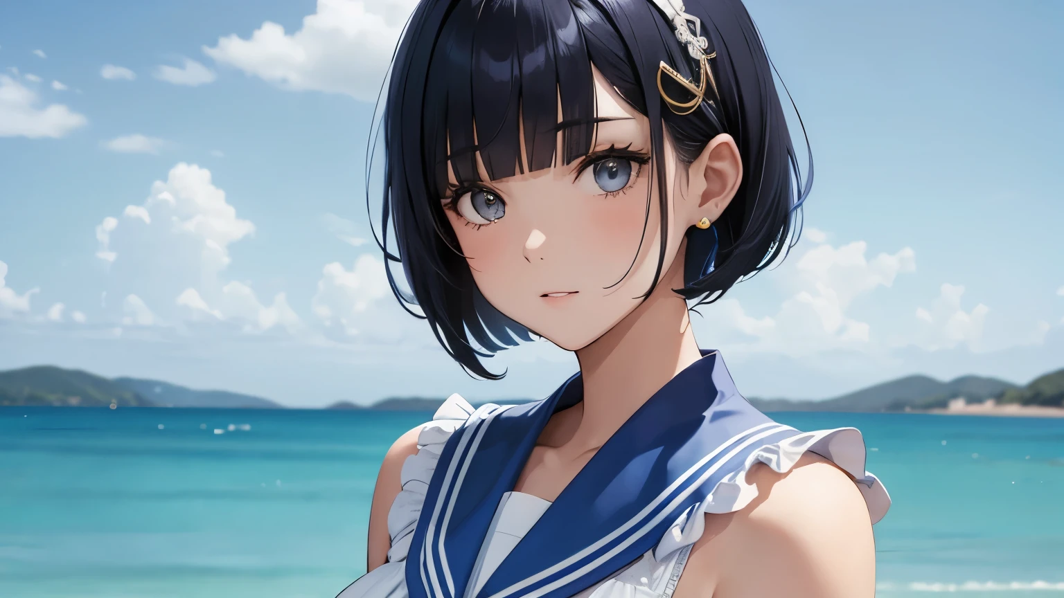 A beautiful woman wearing a blue sailor suit with lots of frills and lace　Black bob with hair ornament　Upper Body