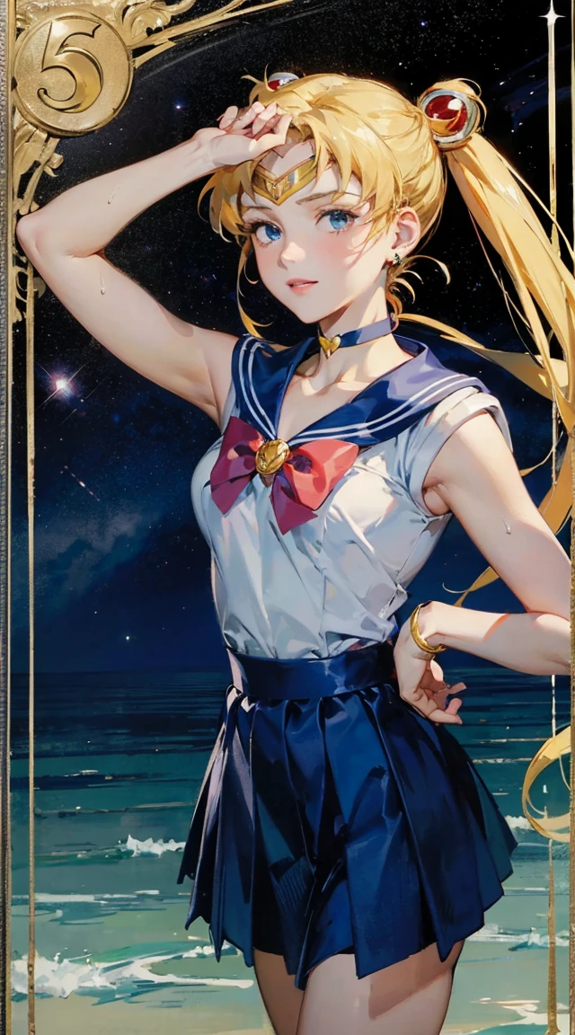 Sailor Uranus in short skirt and bow tie standing in bathroom, Sailor Moon Style, Portrait of a female anime hero, portrait knights of zodiac girl, today's featured anime still, Official art, knights of zodiac girl, by Sailor Moon, portrait anime space cadet girl, anime still, official anime still, sailor moon aesthetic, Sailor Uniform, official anime artwork　((masterpiece)), (best quality), official art, extremely detailed CG, 
1girl, sailor moon, blue eyes, blonde hair, long hair, hair bun, jewelry, sailor senshi uniform, blue sailor collar, red choker, twintails, red bow, blue skirt, holding binoculars, outdoors, forest,  Realistic portrait of the protagonist of the anime Sailor Moon　(Super detailed,ultra high resolution,detailed background),((2D)),((flat color)),((colorful)),((floating colorful water)),1 girl,alone,looking at the viewer,break　girl, sweat, steam, medium breast, shy, detailed hand, shy, light smile, looking at viewer,((Best quality)), ((masterpiece)), (detailed), ((perfect face)), ((halfbody)) ((Sailor Moon Villain: The Witches 5))in Disneyland 
