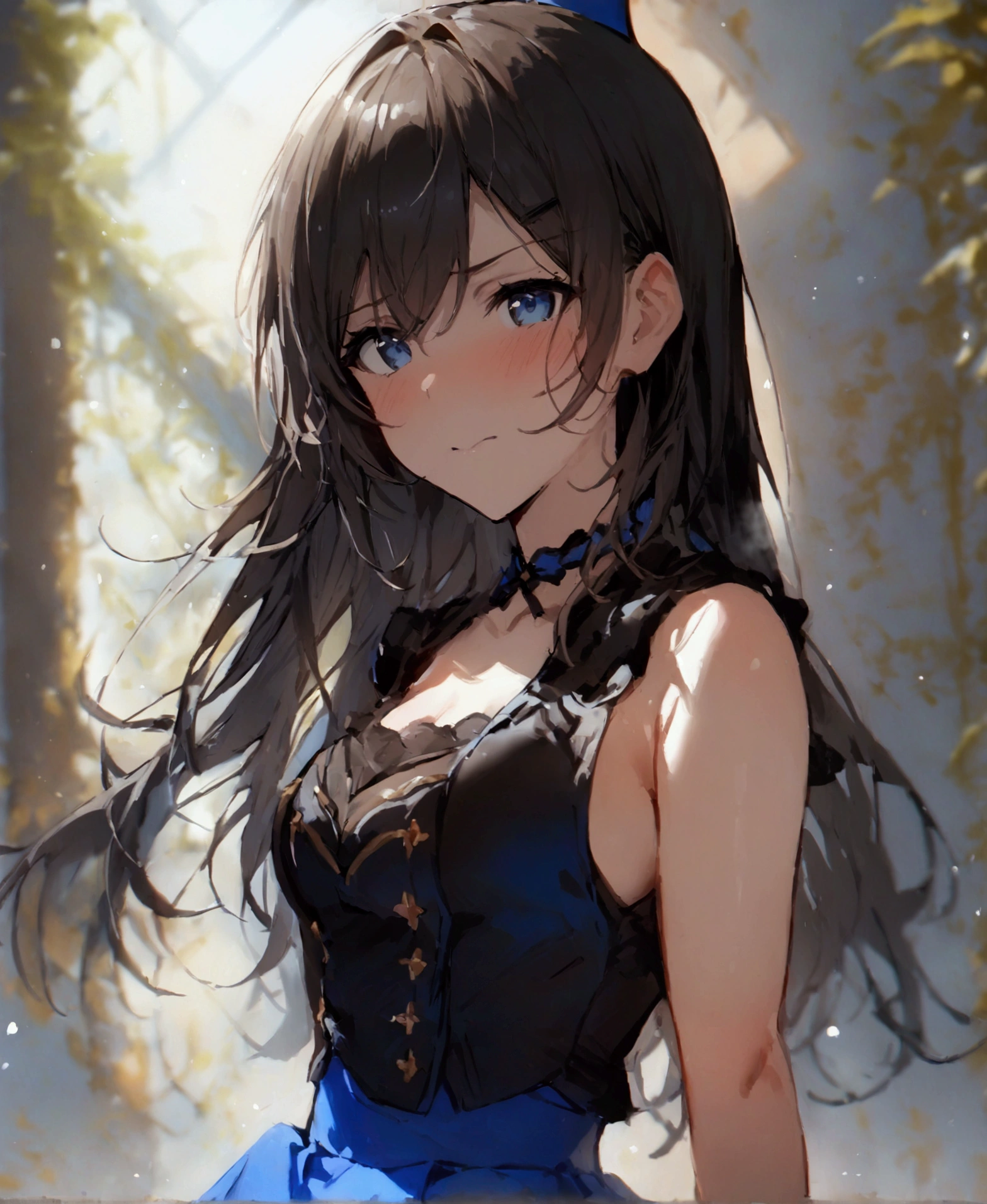 (masterpiece, Highest quality:1.2), One girl, alone,Are standing_Split, Watanabe You, Long Hair,black sleeveless short vest,Blue Skirt,black