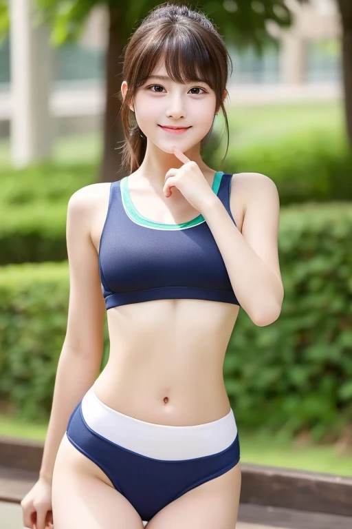 (((Highest quality)))　((masterpiece))　((Real beautiful girl))　12 Talented Girls　(Cute face)　clear　((Baby Face))　Short spats　Sports Bra　(Slim figure)　Beautiful thighs　(whole body)　he is short　smile　Creating Bangs