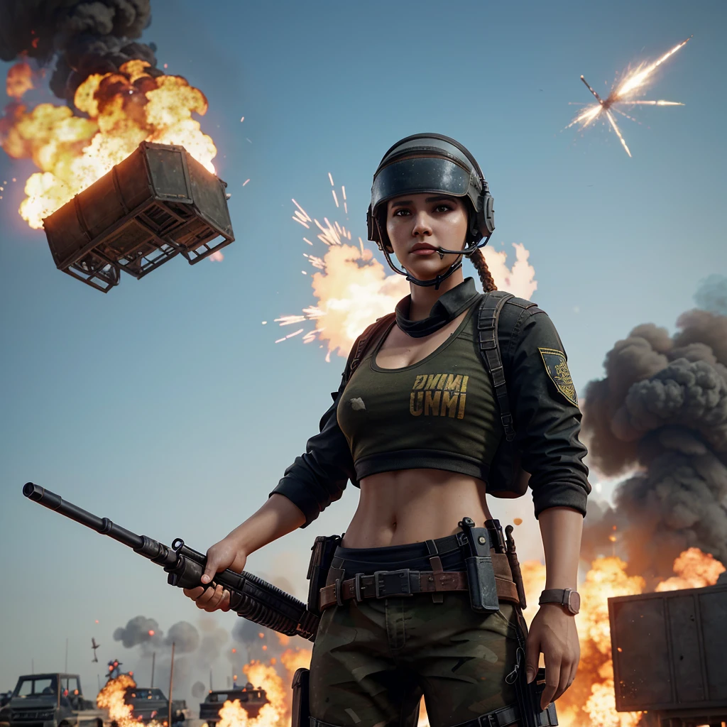 A pubg sceene where a character shoot an ement and bullets on ways and airoplane in sky and backgrounr bombing and blazing fire
