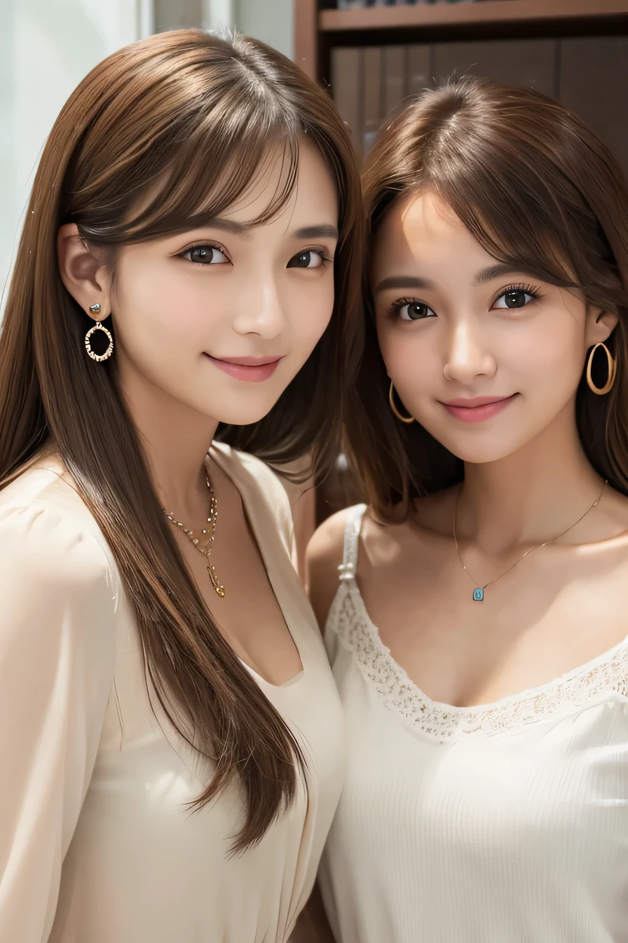 Two young women standing side by side、Light brown hair、、、ear piercing、Necklace around the neck、blouse、Closed Mouth Smile、Intricate details, Very detailed:1.2), 、 Looking into the camera,The background is the office
