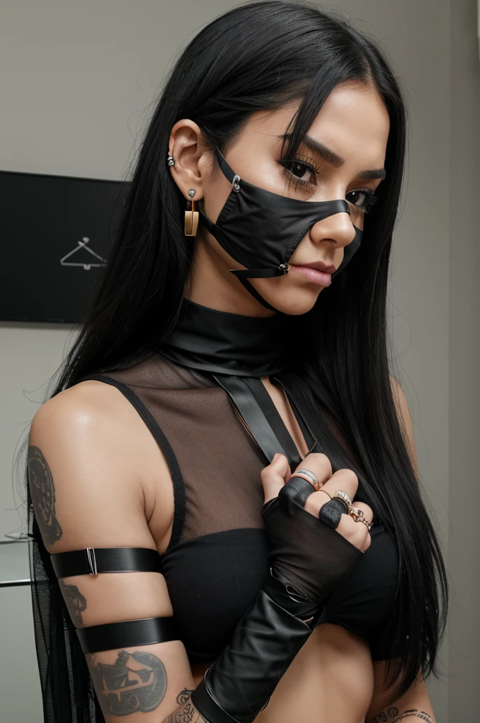 solo, jewelry, realistic, black_hair, ring, 1girl, bound, gagged, tape, improvised_gag, veil, gag, bound_wrists, bracelet, bandages, tape_gag, long_hair, looking_at_viewer, earrings, bondage, black_eyes, tattoo, upper_body, tears