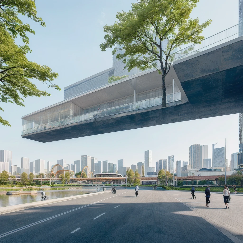 there is a large building with a curved roof and a pool, tokyo futuristic and clean, mall background, city street view background, detailed scenery —width 672, town center background, architecture in the background, modern city background, tokyo futuristic in background, tokio futuristic in background, tokyo street background, beautiful wallpaper, universal background, interesting background, clean background