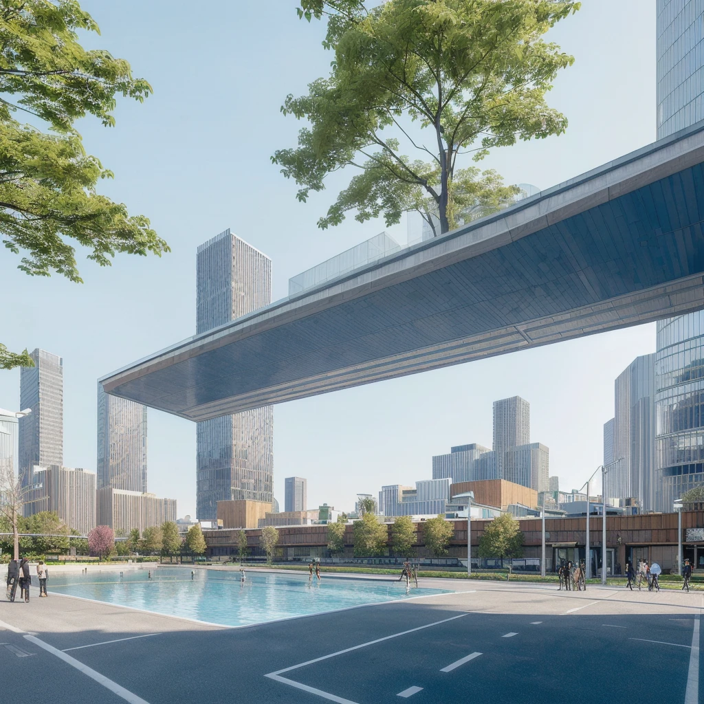 there is a large building with a curved roof and a pool, tokyo futuristic and clean, mall background, city street view background, detailed scenery —width 672, town center background, architecture in the background, modern city background, tokyo futuristic in background, tokio futuristic in background, tokyo street background, beautiful wallpaper, universal background, interesting background, clean background