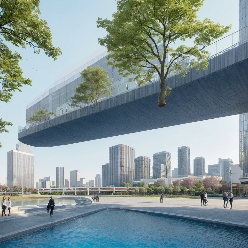 there is a large building with a curved roof and a pool, tokyo futuristic and clean, mall background, city street view background, detailed scenery —width 672, town center background, architecture in the background, modern city background, tokyo futuristic in background, tokio futuristic in background, tokyo street background, beautiful wallpaper, universal background, interesting background, clean background