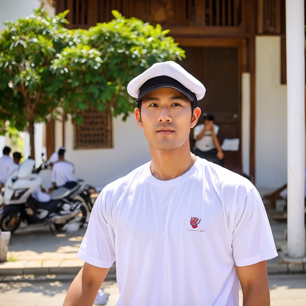 realistic photo. A handsome man wearing a white cap and koko shirt was sitting in front of the mosque. highly, detailed,24K