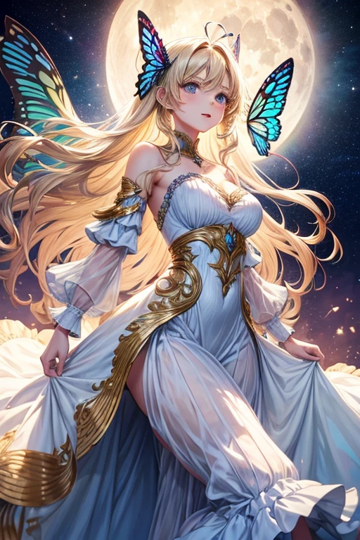 magical, fantasy, blue purple pink white color palette, Sparkles, butterflies, tall girl, pale skin, bright blue eyes, pink and blonde hair