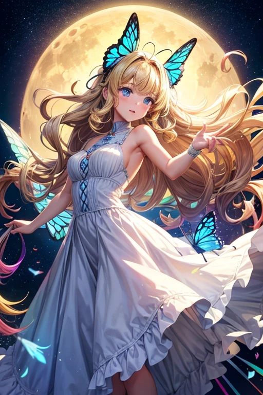 A girl with large rainbow butterfly wings growing from her shoulders,full moon,long,Curly Hair,Vertical Roll,Blonde,blue eyes,White Dress,One adult woman,Lady,Dancing