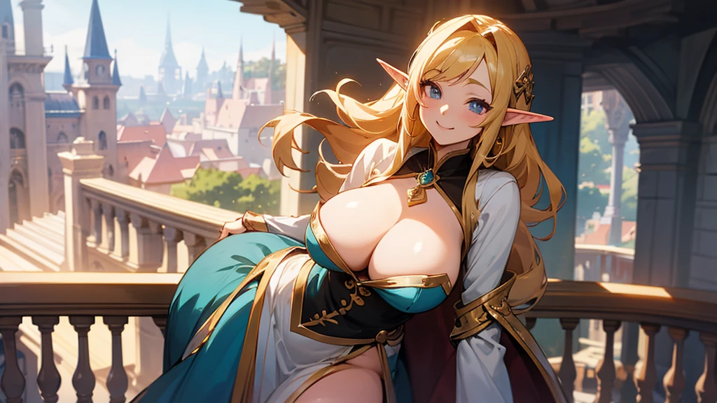 Anime Style,A detailed background with many people,Magical World,People on the balcony,Smiling Bard Elf,Mature Woman,Large Breasts,Protruding buttocks