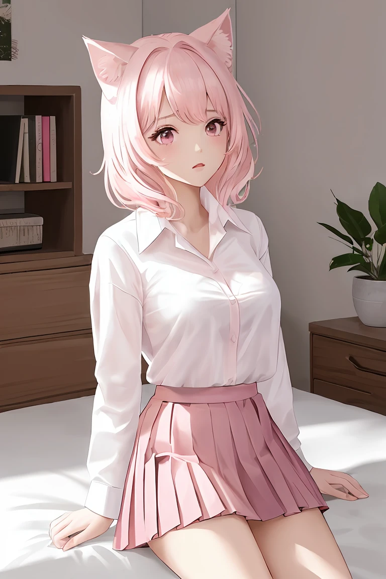 (score_9,score_8_up,score_7_up,score_6_up,score_5_up,score_4_up),masterpiece, top quality, best quality, official art, beautiful and aesthetic, animation, , 1girl with cat ear, perfect figure, pink hair, complicated details, bedroom, thinking, (white shirt, pink pleated skirt:1.5), meditation, thinking ,