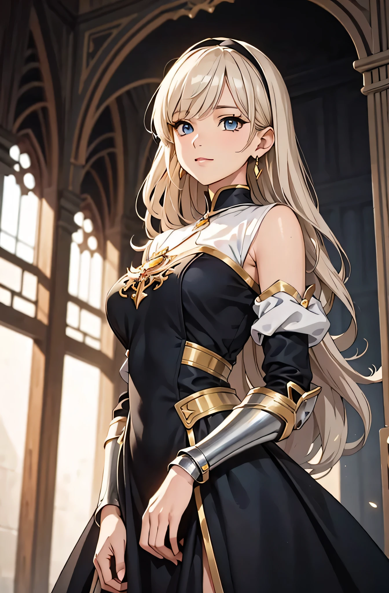 ((Masterpiece artwork, top-quality, official anime art, beautiful and aesthetic:1.2)), (1 girl:1.3), (full head: 1.9), (Clothing must cover the entire body), (Loose or baggy dress covering the entire body), (Holy Commander Knight, slender and blonde), solid colors, a noble and mature Catholic woman, looking at the observer, soft smiling, Soft makeup, mysterious, set in medieval Europe, The woman has 1.68 m high, graceful pose, woman with blonde hair, slightly long hair, fine wavy hair, flowing hair tied with beautiful ornaments, asymmetrical bangs, wear earrings, blue-gray eyes with a slight greenish tint, glare eyes, perfects eyes, face perfect, Delicate Lashes, sacred vestment, guild outfit with super light and thin ornate armor, long modest dress, white and black dress with minimal details in blue and gold, the dress should fit loosely on the woman&#39;s body, the woman wears a golden Christian cross around her neck, The character must only be visible from the front, completely natural position, meticulous portrait of the face, inside a castle, perfect background, soft lighting.