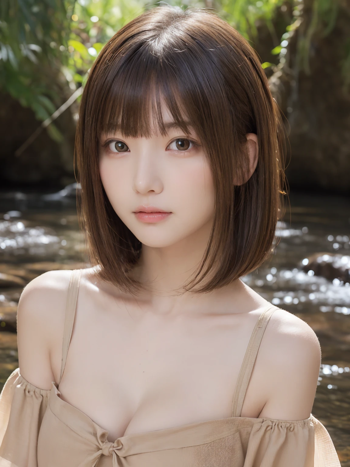 One Girl, (beautiful girl, Delicate girl:1.3), (:1.3),
break, (string、Off-the-shoulder tops:1.2),
break, (Small waterfall background:1.2),
break, Very beautiful eyes, (Symmetrical eyes:1.3),
break, (Big Breasts:1.3), Brown eyes, Parted bangs, Brown bob cut hair, Round face, cute,
break, (Eye and facial details:1.0),
break, (masterpiece, Highest quality, Very detailed, Detailed face, 8K)