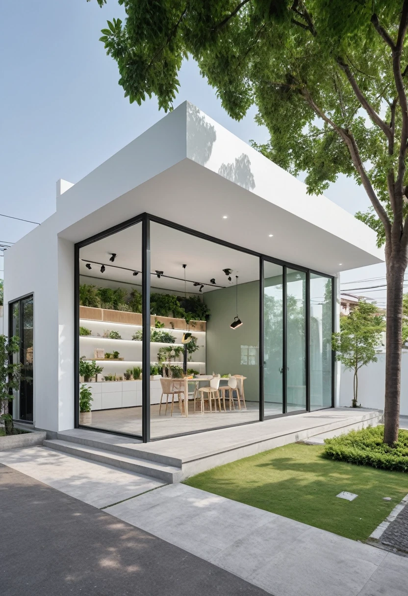 A modern one-story house with a small furniture showroom, with a facade less than 5 meters wide. The design includes large glass windows and doors, vertical display shelves, large mirrors, and well-placed lighting inside the showroom. The exterior features white and pastel tones with integrated green plants. The house is located on a street corner with a sidewalk and trees, providing a welcoming atmosphere. The showroom layout is organized for easy movement and optimal product visibility
