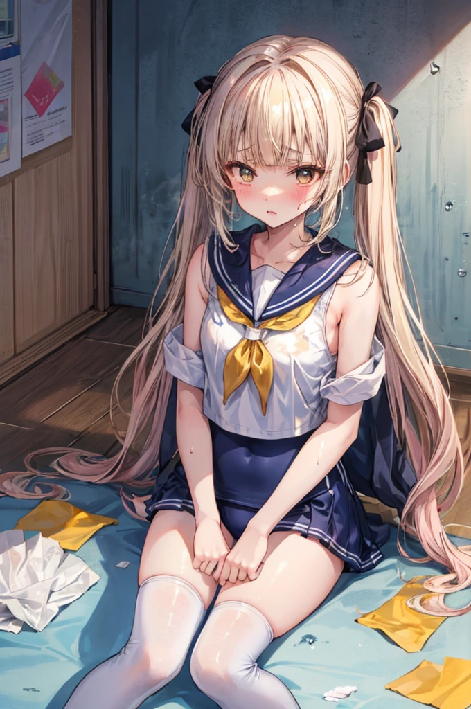 The whole body is covered in oilで光沢感がある A large amount of rolled up tissue paper, There are lots of crumpled, dirty tissues on the ground, Excessive sweat on the face,Sweat dripping down,Sitting on a dirty bed, Dirty futon with golden yellow stains Dirty old gym mat ,Gymnasium Warehouse, Lots of rolled up tissue paper on the floor , Garbage is scattered everywhere, Very dirty gym mat, Messy room, Scared I am going to cry Embarrassing Dimly lit room Hardwood Floors Scattered rolled tissue paper Sailor suit with only the upper body, School swimsuit for the lower body Inner swimwear high school student Illustration Style Anime Style Small lips Frightened face Baby Face beautiful girl Very cute clothes Cheeks pink Long twin tails Blonde long hair super curly hair Super long sideburns Rubber clothing hair band Wet and see-through pearl white silk tights White super long boots Big eyes Droopy eyes Stern expression Shocking Pink Rouge Sweating profusely Crushed tissue paper The whole body is wet from rain Mucus clings to the whole body Steam is emitted from the whole body Steam rising across the screen. White Breath Sigh The whole body is covered in oil evening Sunset sunshine