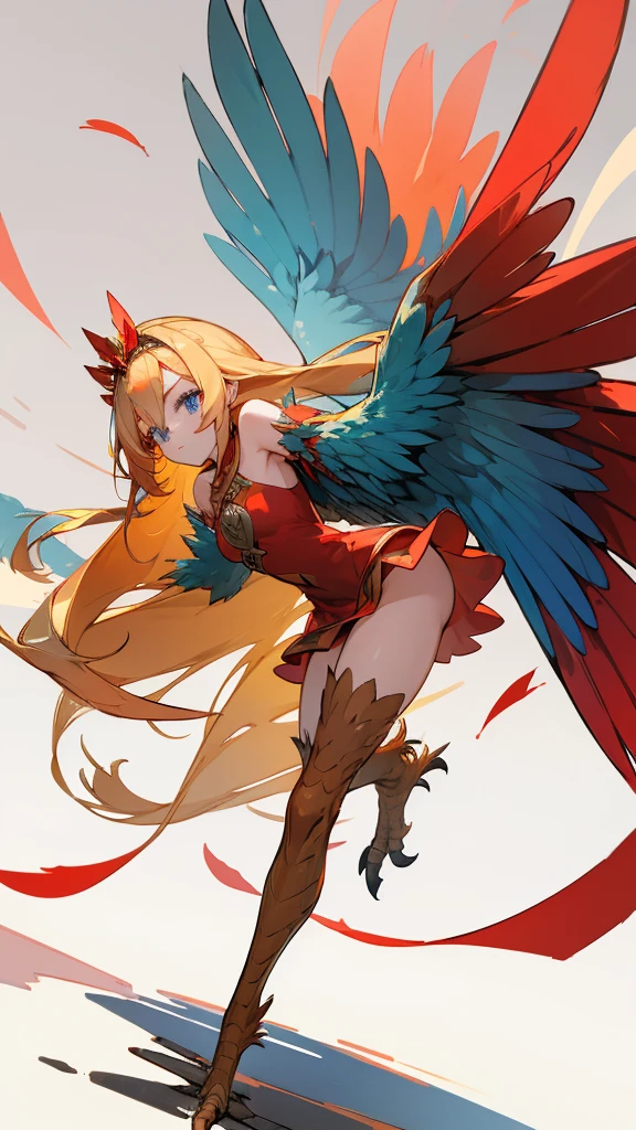 1 girl,alone,Harpyie, Stand,blond hair,weave, blue eyes, Long hair,red feathers,Wing arms,bird legs, short dress, woods,tiara