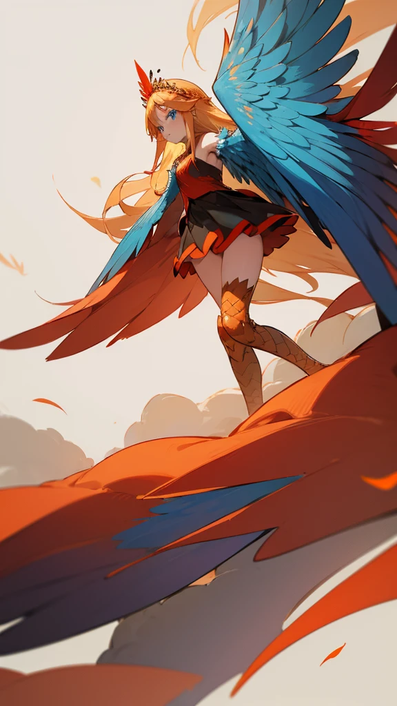 1 girl,alone,Harpyie, Stand,blond hair,weave, blue eyes, Long hair,red feathers,Wing arms,bird legs, short dress, woods,tiara