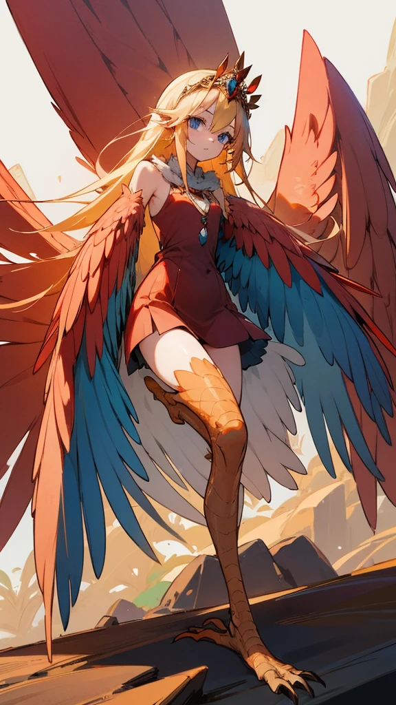 1 girl,alone,Harpyie, Stand,blond hair,weave, blue eyes, Long hair,red feathers,Wing arms,bird legs, short dress, woods,tiara