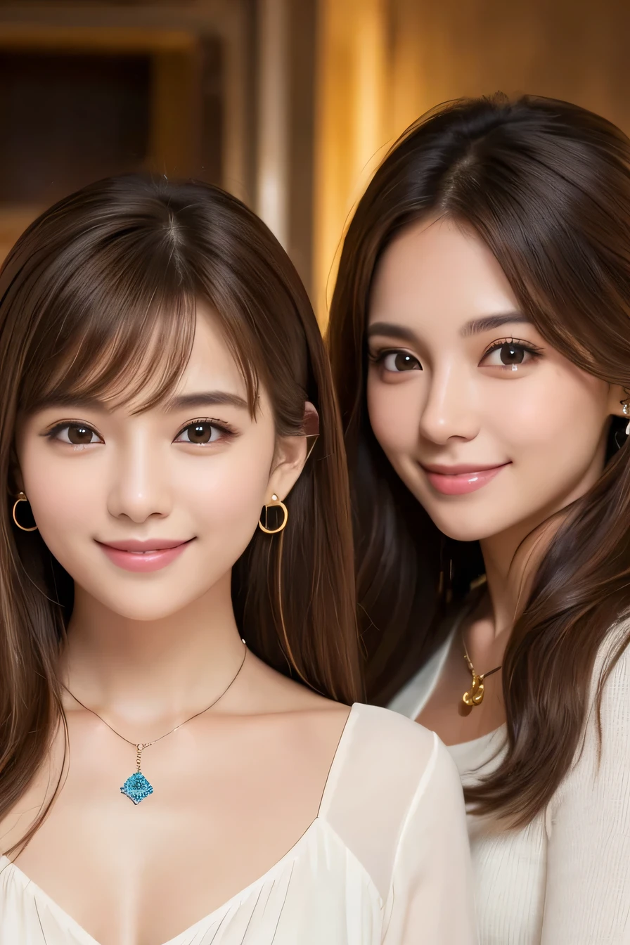 Two young women standing side by side、Light brown hair、、ear piercing、Necklace around the neck、blouse、Closed Mouth Smile、Intricate details, Very detailed:1.2), 、 Looking into the camera,The background is the office