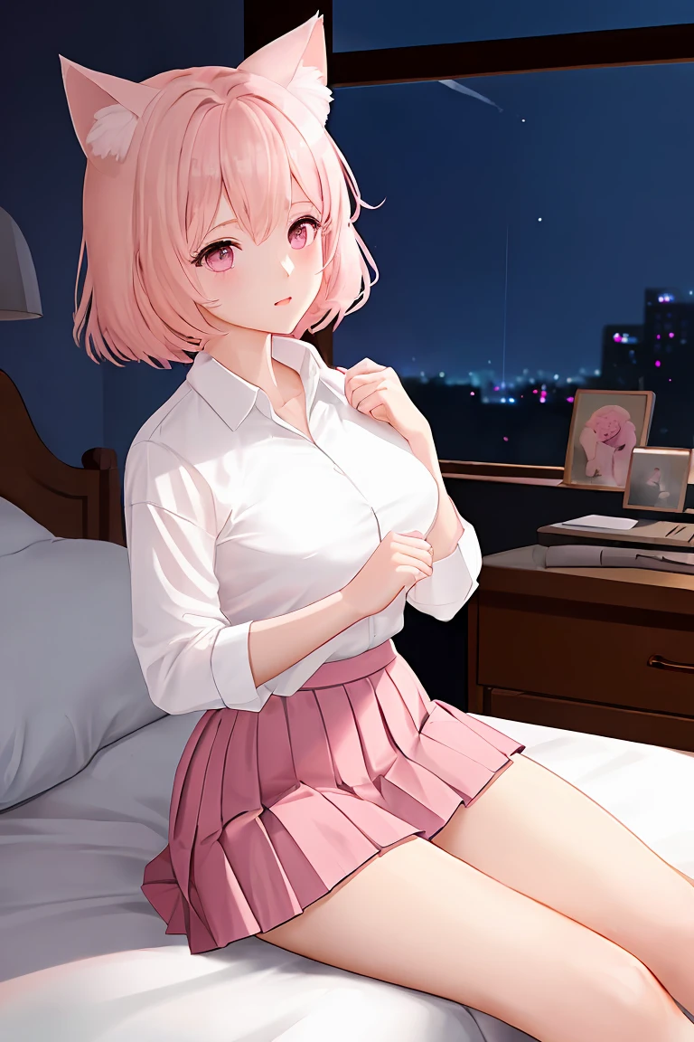 (score_9,score_8_up,score_7_up,score_6_up,score_5_up,score_4_up),masterpiece, top quality, best quality, official art, beautiful and aesthetic, animation, , 1girl with cat ear, perfect figure, pink hair, complicated details, bedroom, night, writing, (white shirt, pink pleated skirt:1.5), meditation, typing with both hands ,