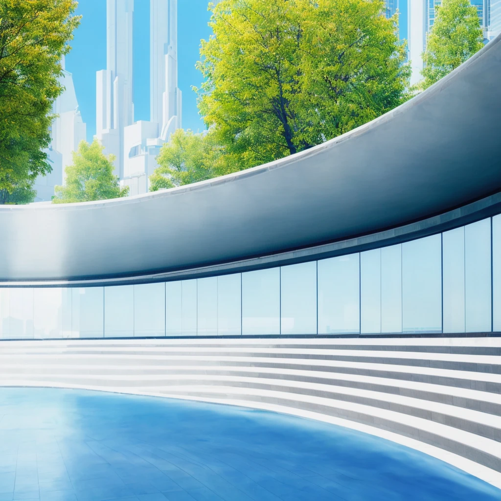 there is a large building with a curved roof and a pool, tokyo futuristic and clean, mall background, city street view background, detailed scenery —width 672, town center background, architecture in the background, modern city background, tokyo futuristic in background, tokio futuristic in background, tokyo street background, beautiful wallpaper, universal background, interesting background, clean background