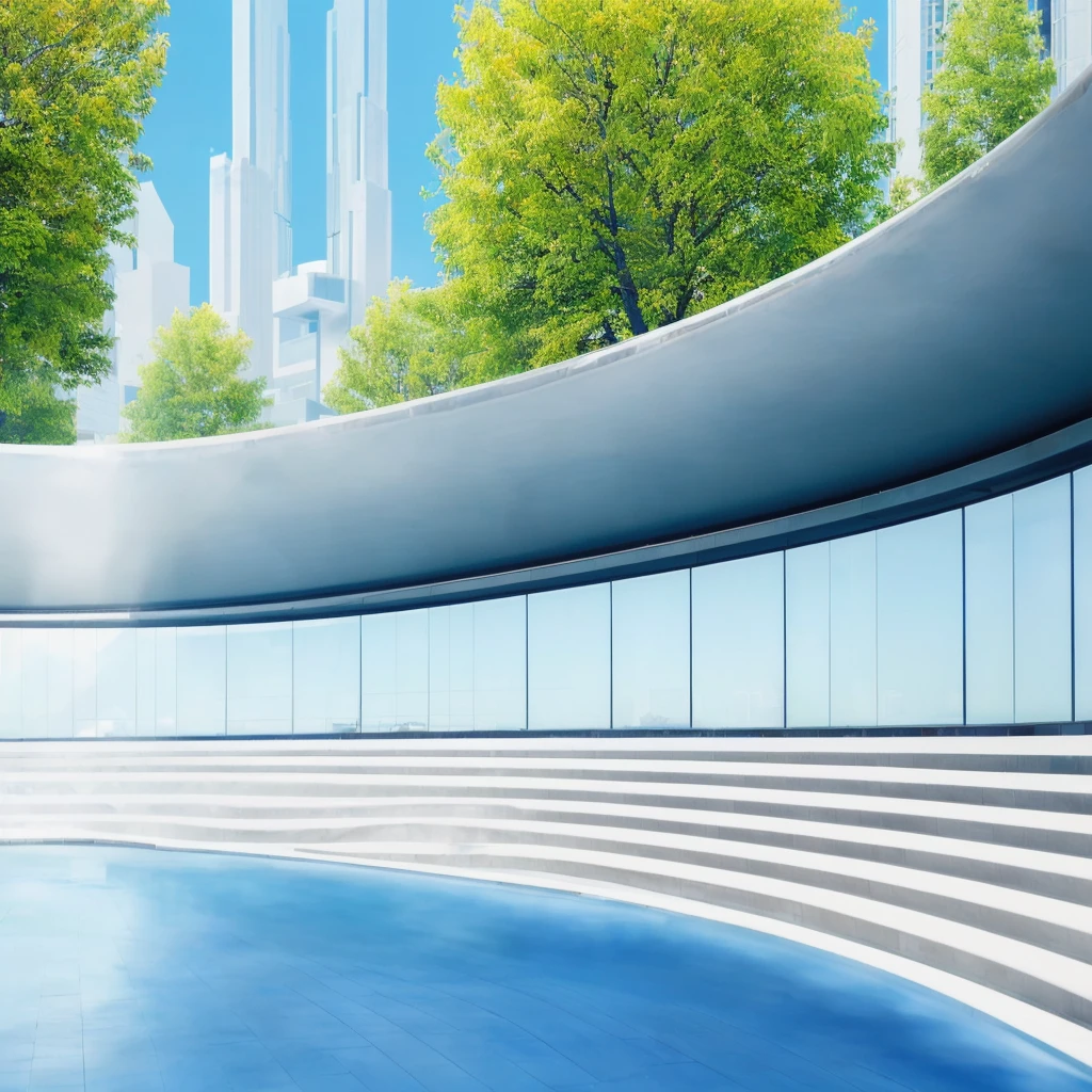there is a large building with a curved roof and a pool, tokyo futuristic and clean, mall background, city street view background, detailed scenery —width 672, town center background, architecture in the background, modern city background, tokyo futuristic in background, tokio futuristic in background, tokyo street background, beautiful wallpaper, universal background, interesting background, clean background