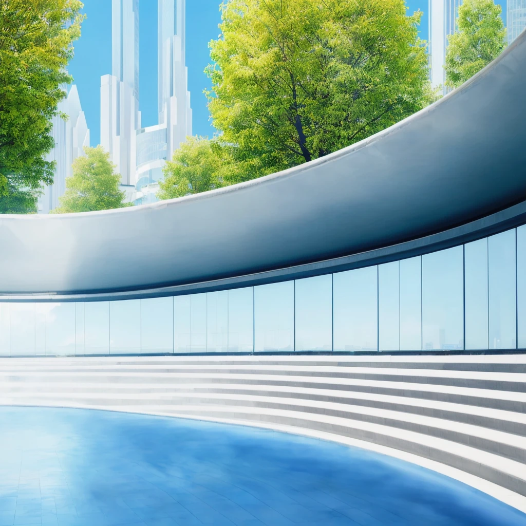 there is a large building with a curved roof and a pool, tokyo futuristic and clean, mall background, city street view background, detailed scenery —width 672, town center background, architecture in the background, modern city background, tokyo futuristic in background, tokio futuristic in background, tokyo street background, beautiful wallpaper, universal background, interesting background, clean background
