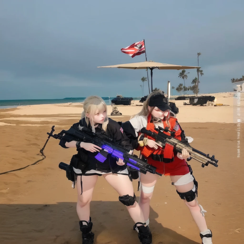 there are two women standing on a beach with guns, m4 sopmod ii girls frontline, girls frontline style, realistic