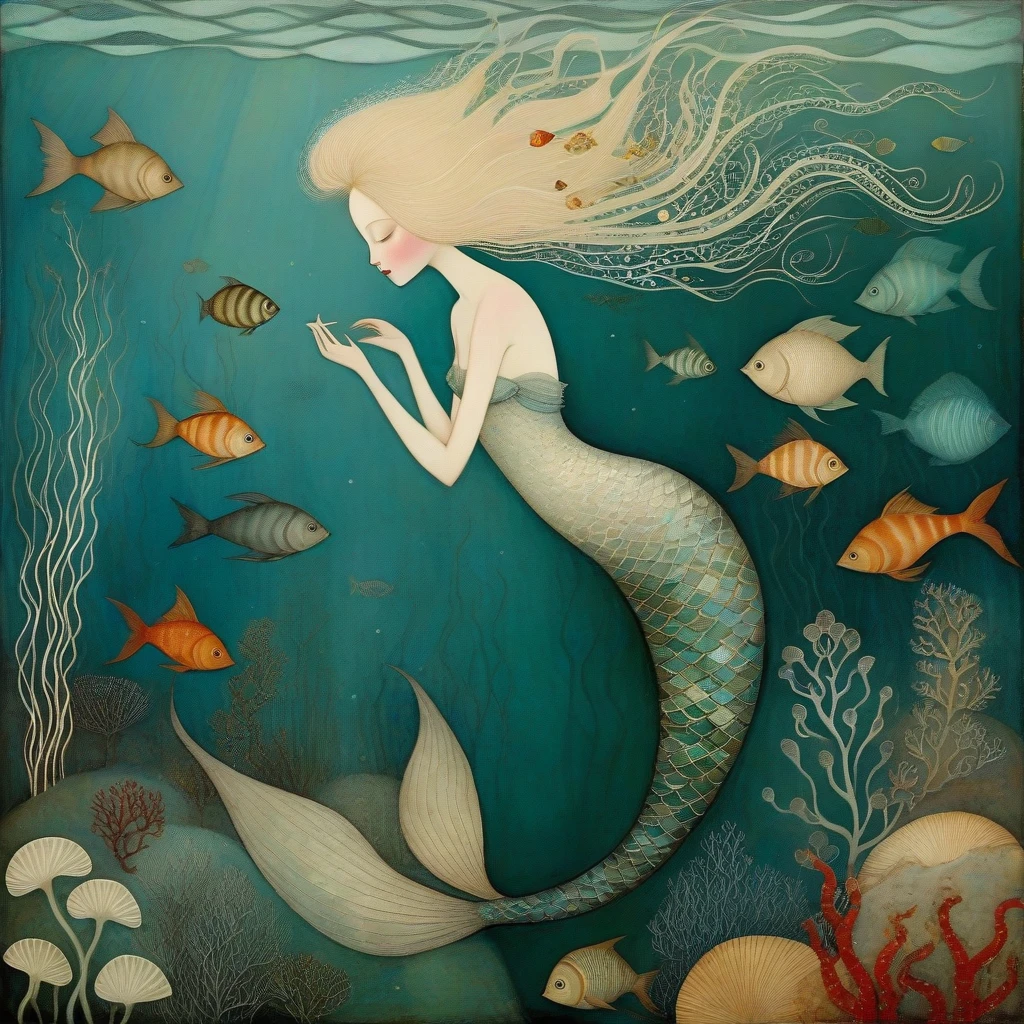 Art style by Klimt, Sam Toft, Florine Stettheimer, Dina Wakley, Catrin Welz-Stein, Gabriel Pacheco, Elisabeth Fredriks. Metamorphosis of a beautiful ash-blond haired girl into a mermaid. sea bottom, fish and seahorses.
