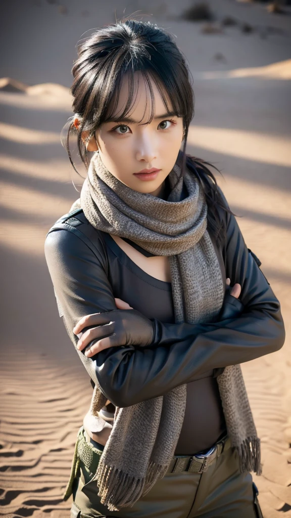 SEXY TOP, small breast, gloves, serious face, black cargo pants, combat knife, desert scarf, scarf covering mouth, desert oasis, extremely detailed eyes, extremely detailed face, best quality, extremely detailed, ultra-detailed, (realistic, photo-realistic:1.3)