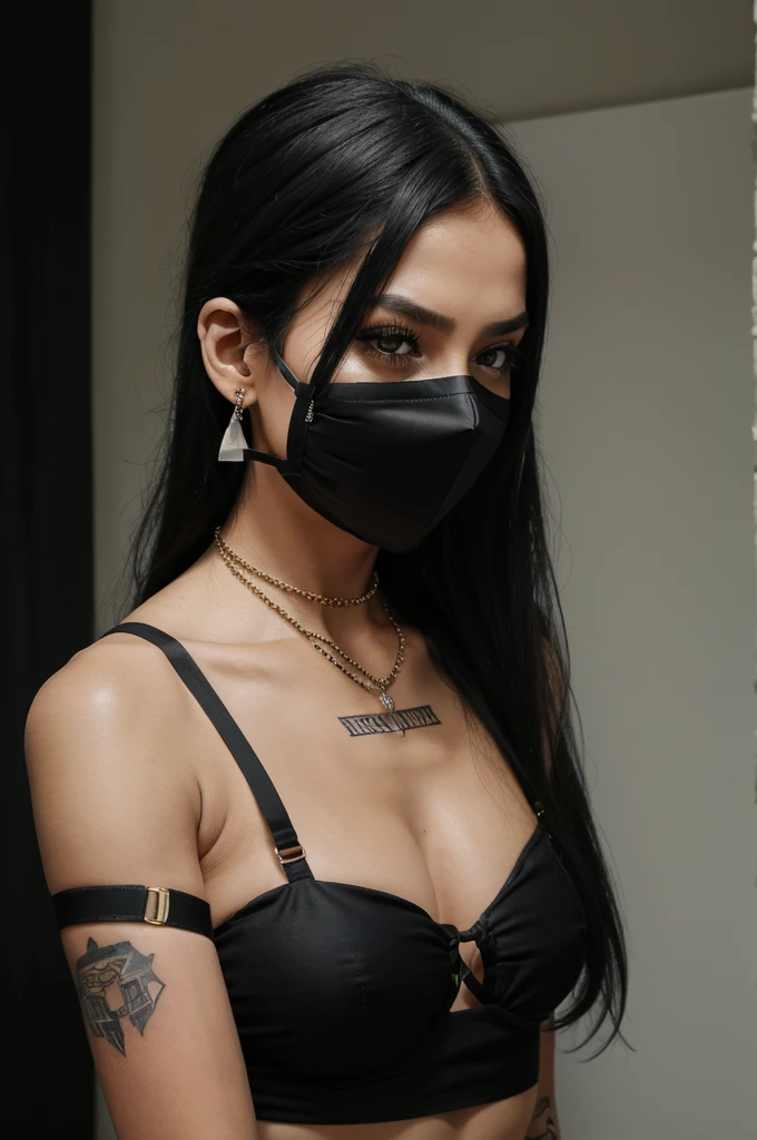 solo, jewelry, realistic, black_hair, ring, 1girl, bound, gagged, tape, improvised_gag, veil, gag, bound_wrists, bracelet, bandages, tape_gag, long_hair, looking_at_viewer, earrings, bondage, black_eyes, tattoo, upper_body, tears