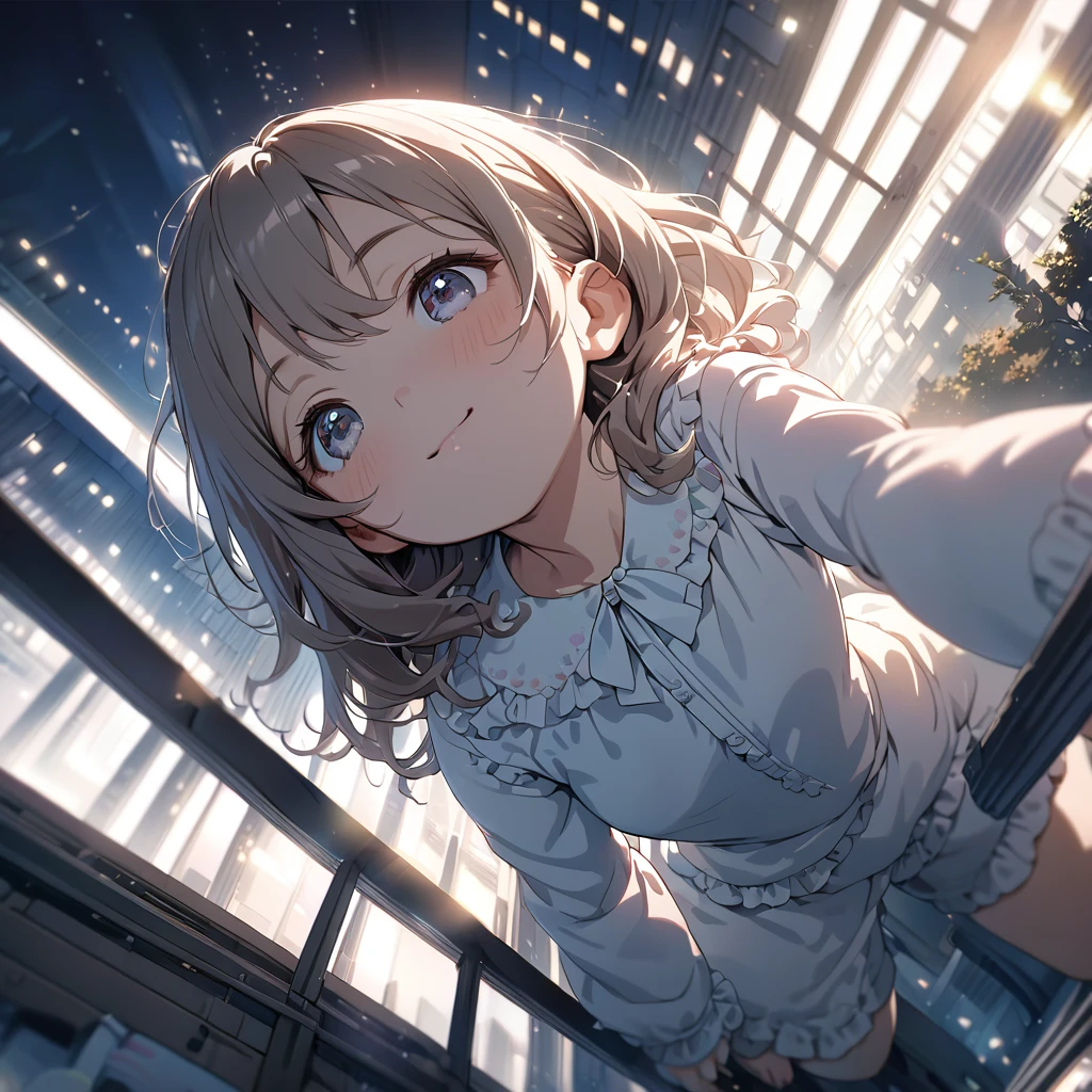 masterpiece, ultra detailed, 8K, solid blue Skyscrapers background, full body shot, Angle looking up from below.happy, a girl, kawaii, light atmosphere, mysterious atmosphere, (Cute a girl:1.5),
(masterpiece:1.3), anime visual, (Lovey-dovey:1.5), (tilt head:1.3), extremely delicate face, soft clean focus, realistic lighting and shading, (an extremely delicate and beautiful art:1.3), elegant, (muted colors:1.1), small breast,slim,Pink ribbed frill trim pajamas, a bed, a night light, a kind smile,