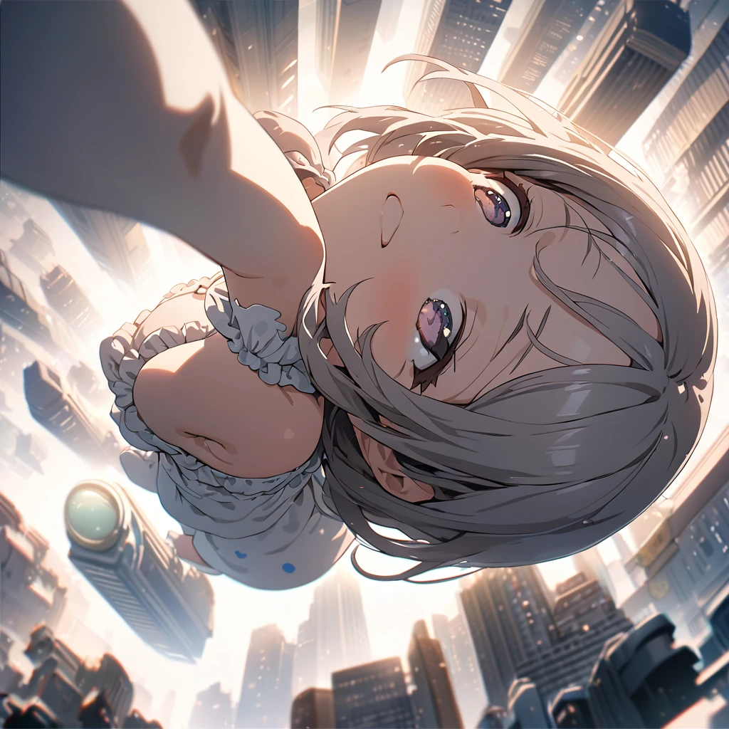 masterpiece, ultra detailed, 8K, solid blue Skyscrapers background, full body shot, Angle looking up from below.happy, a girl, kawaii, light atmosphere, mysterious atmosphere, (Cute a girl:1.5),
(masterpiece:1.3), anime visual, (Lovey-dovey:1.5), (tilt head:1.3), extremely delicate face, soft clean focus, realistic lighting and shading, (an extremely delicate and beautiful art:1.3), elegant, (muted colors:1.1), small breast,slim,Pink ribbed frill trim pajamas, a bed, a night light, a kind smile,