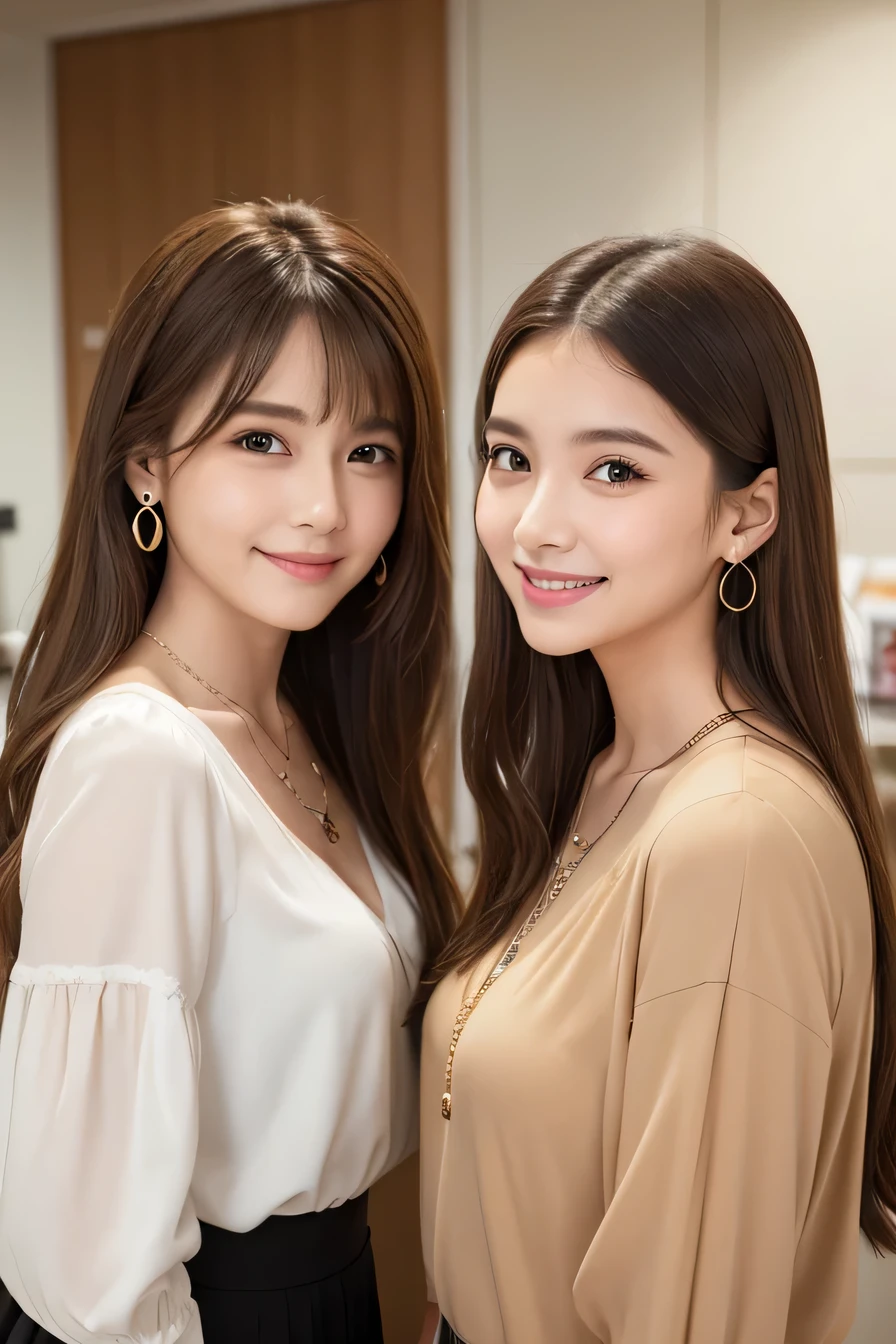 Two young women standing side by side、Light brown hair、、ear piercing、Necklace around the neck、blouse、Closed Mouth Smile、Intricate details, Very detailed:1.2), 、 Looking into the camera,The background is the office