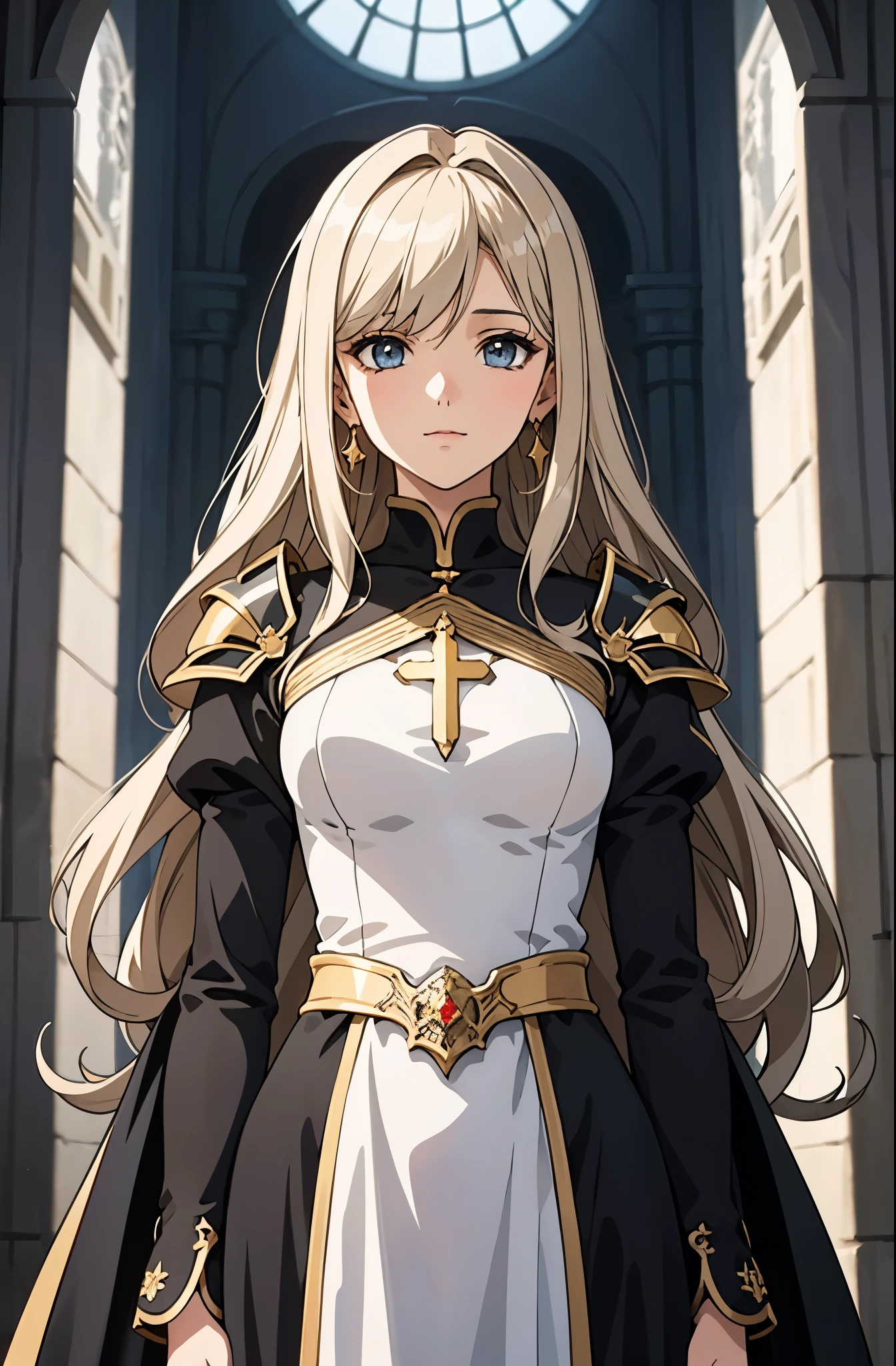 ((Masterpiece artwork, top-quality, official anime art, beautiful and aesthetic:1.2)), (1 girl:1.3), (full head: 1.9), (Clothing must cover the entire body), (Loose or baggy dress covering the entire body), (Holy Commander Knight, slender and blonde), solid colors, a noble and mature Catholic woman, looking at the observer, soft smiling, Soft makeup, mysterious, set in medieval Europe, The woman has 1.68 m high, graceful pose, woman with blonde hair, slightly long hair, fine wavy hair, flowing hair tied with beautiful ornaments, asymmetrical bangs, wear earrings, blue-gray eyes with a slight greenish tint, glare eyes, perfects eyes, face perfect, Delicate Lashes, sacred vestment, guild outfit with super light and thin ornate armor, long modest dress, white and black dress with minimal details in blue and gold, the dress should fit loosely on the woman&#39;s body, the woman wears a golden Christian cross around her neck, The character must only be visible from the front, completely natural position, meticulous portrait of the face, inside a castle, perfect background, soft lighting.