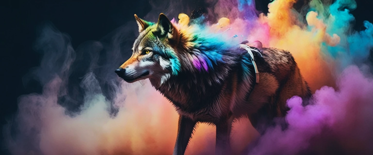 a wolf, partially covered by colored smoke, floating in the air. Plumes of multi-colored smoke swirling around and in front, featured on Artstation, sots art, fine arts journal cover, , action pose : : spotlight, trending on arts