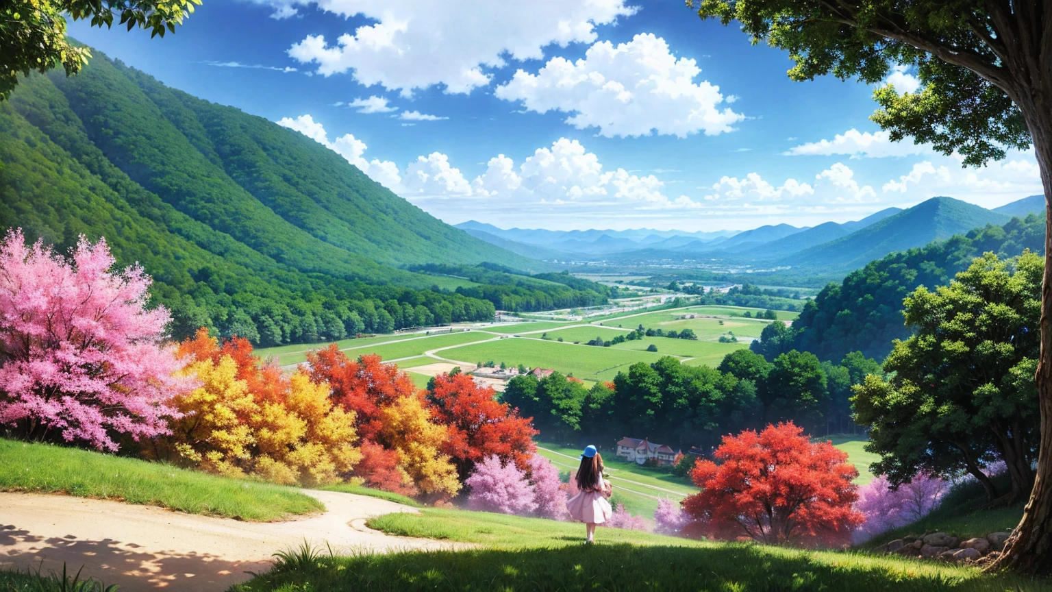 anime-style illustration, a young woman standing on the hilltop overlooks the vast expanse of clear blue sky and underneath a large valley mountain with flower colorful color blue red green purple yellow and fantasy world medieval mega-building, rocks, tree branches, fallen leaves, birds, The scene is depicted in a highly saturated and vibrant style, intense and rich colors vivid, rendered with strong exaggerated colors, The sky above is clear blue sky, The atmosphere is full of magical color films, High Detail.
