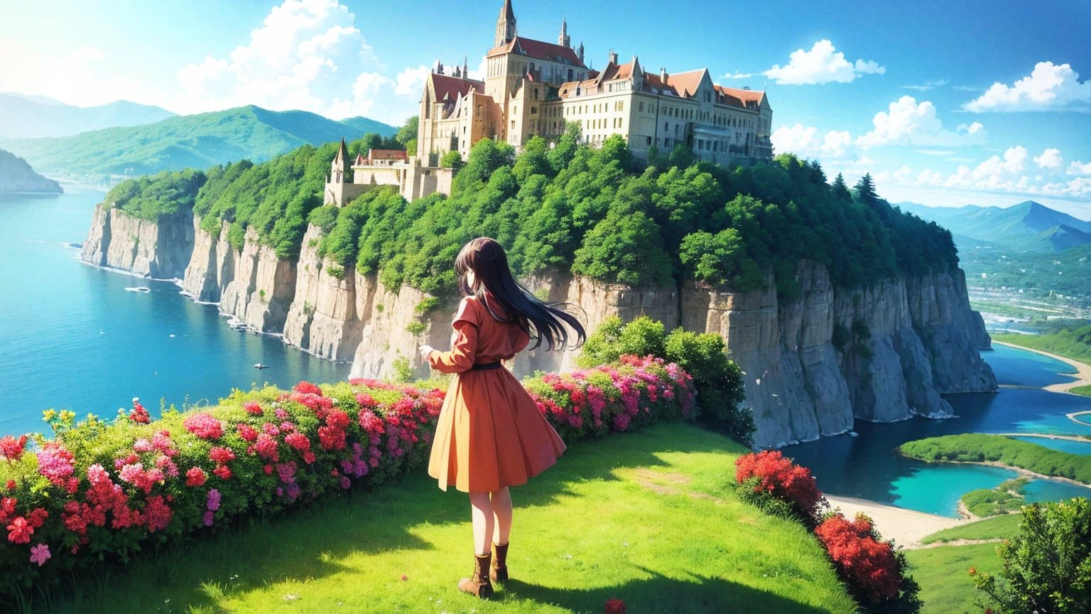 anime-style illustration, a young woman standing on the hilltop overlooks the vast expanse of clear blue sky and underneath a large valley mountain with flower colorful color blue red green purple yellow and fantasy world medieval mega-building, rocks, tree branches, fallen leaves, birds, The scene is depicted in a highly saturated and vibrant style, intense and rich colors vivid, rendered with strong exaggerated colors, The sky above is clear blue sky, The atmosphere is full of magical color films, High Detail.
