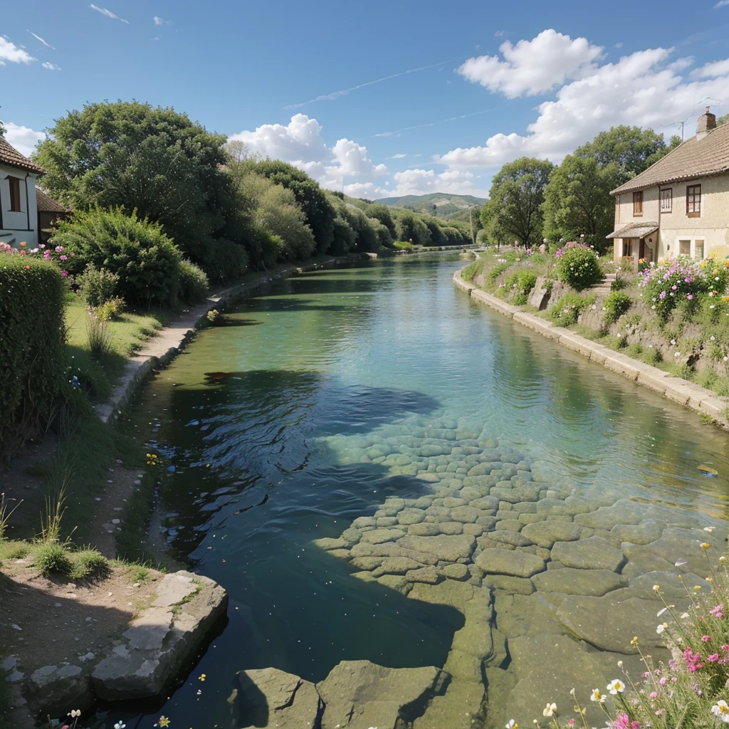 Significant blue sky over of Horizontal view of the  small river under the village, some flowers around