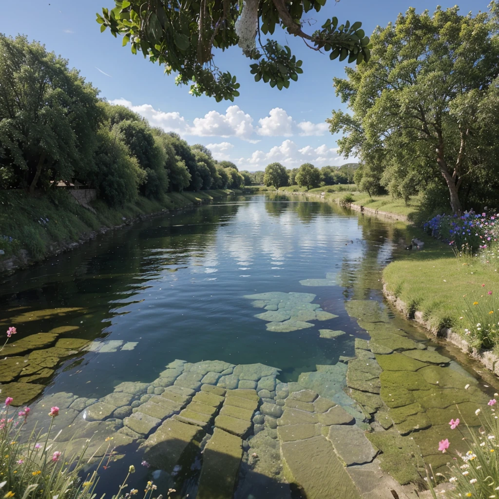 Significant blue sky over of Horizontal view of the small river under the village, some flowers around